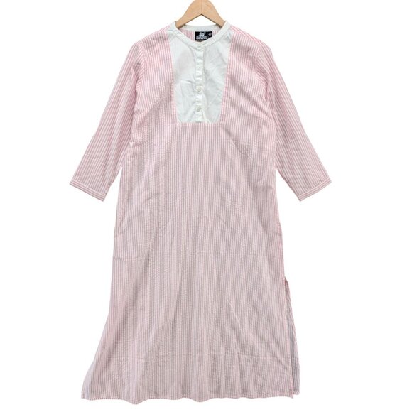 Madison Mathews Maxi Shirt Dress Pink Seersucker Striped Long Sleeve Cotton Sz M - Picture 1 of 10